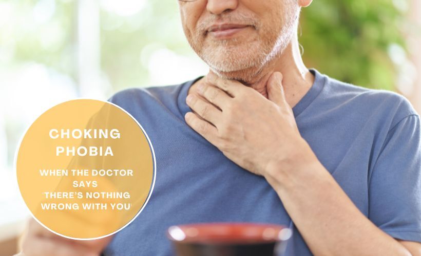 Person holding throat — choking phobia, fear of swallowing (phagophobia) concept